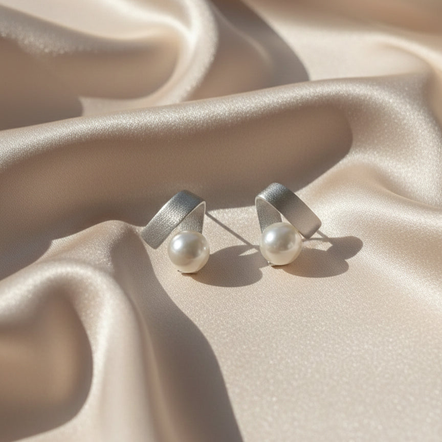 French Ribbon and Pearl Geometric Stud Earrings