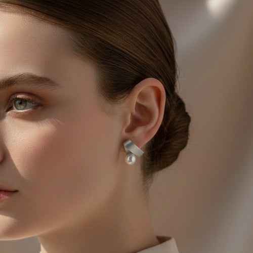 French Ribbon and Pearl Geometric Stud Earrings