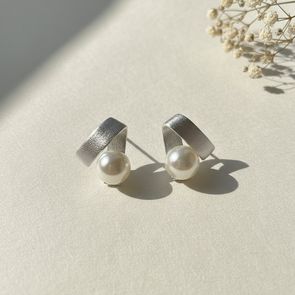 French Ribbon and Pearl Geometric Stud Earrings
