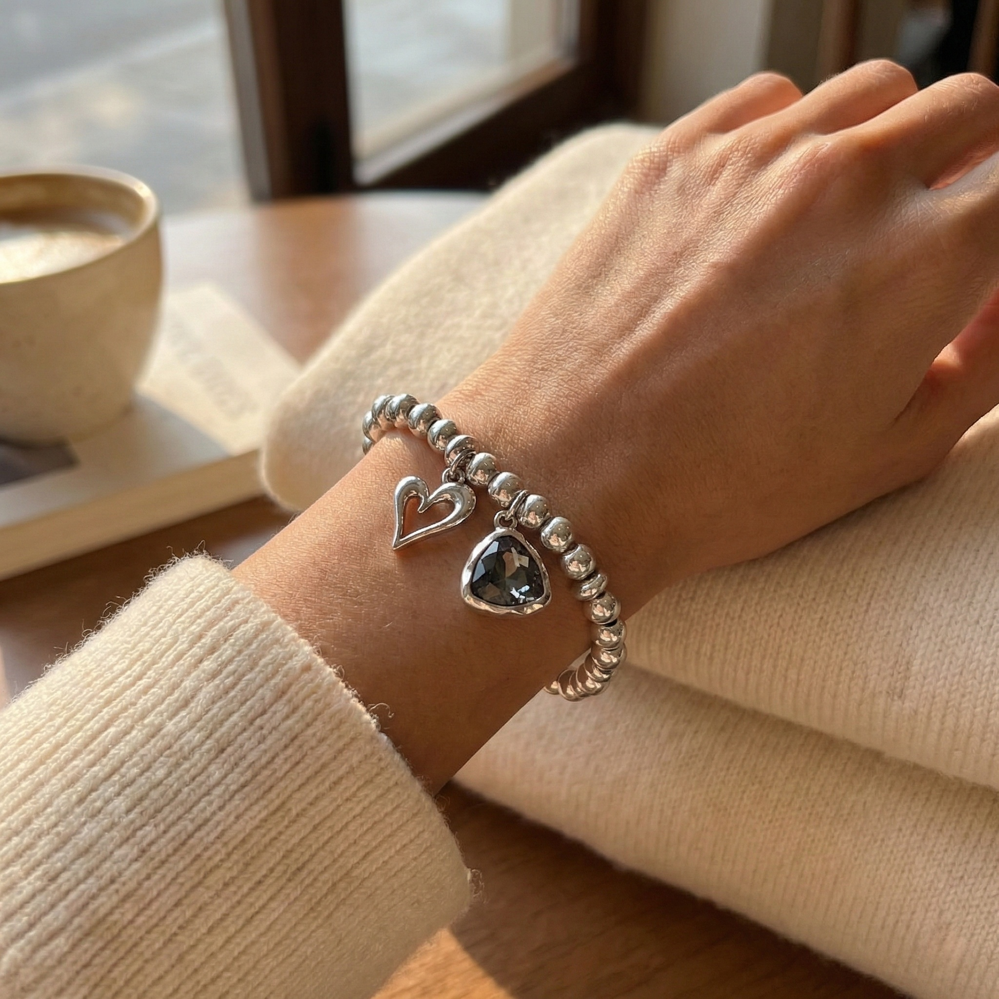 Silver Heart and Crystal Charm Bracelet