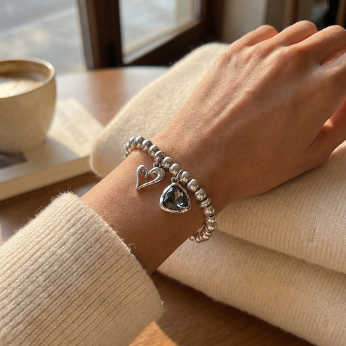 Silver Heart and Crystal Charm Bracelet
