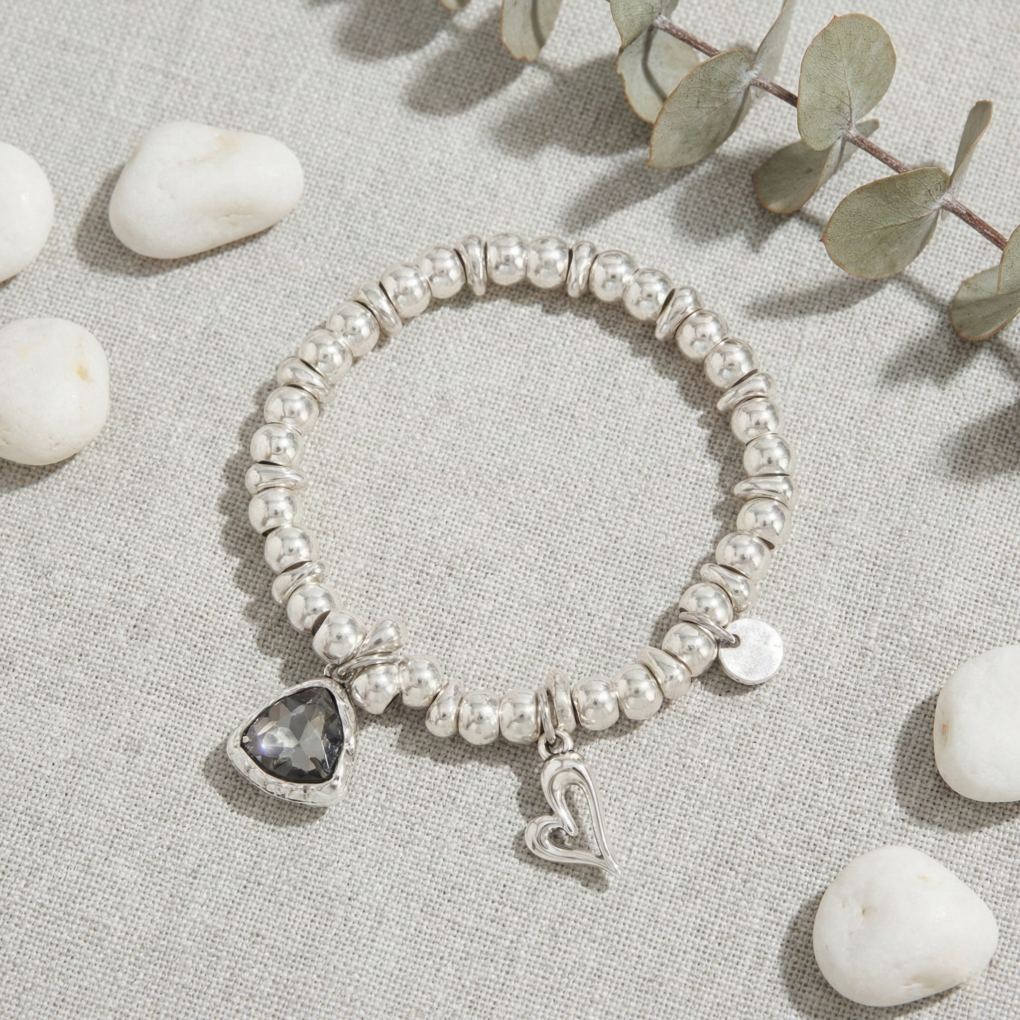 Silver Heart and Crystal Charm Bracelet