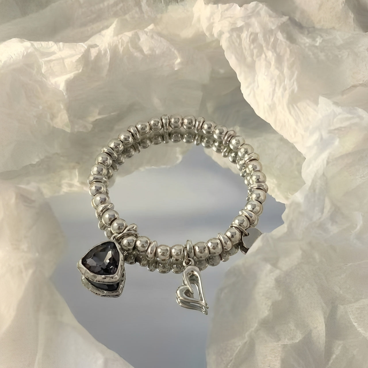 Silver Heart and Crystal Charm Bracelet